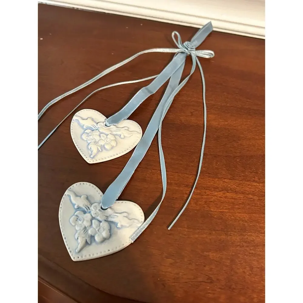 Blue Floral Clay Heart Hanging Ornament Ribbon Decor Handcrafted
